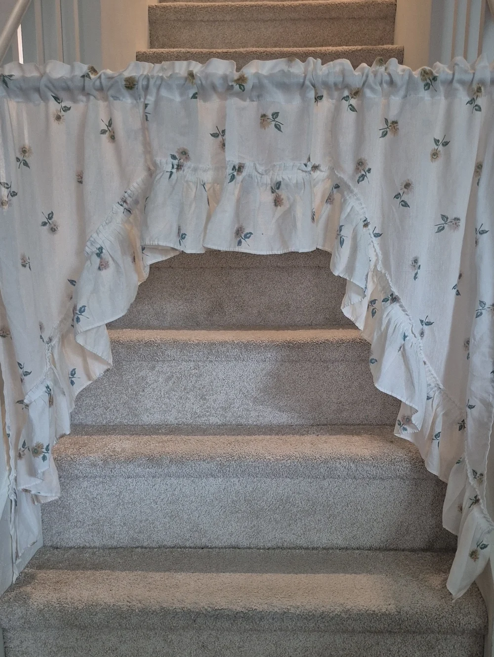 Floral Ruffled Swag Curtain - White with Green and Gold Accents
